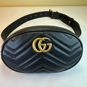EUC! Gucci Black Quilted Leather GG Marmont Belt Bag with Gold Hardware
